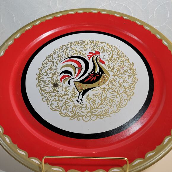 VINTAGE Stoyke Tray Platter 19" Round Red White Chicken Metal Mid Century 60s - Picture 16 of 16